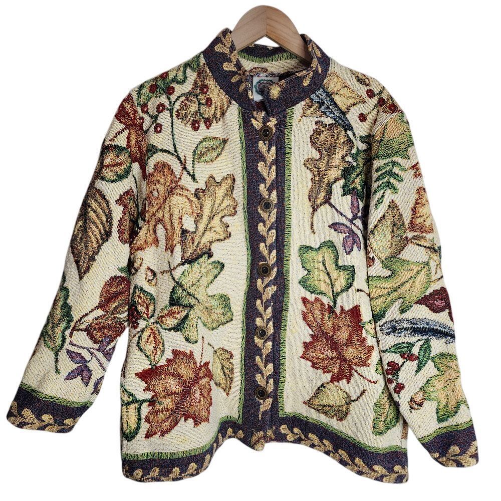 Sugar Street Weavers Sweater Jacket Women's Medium Tapestry Fall Leaves‎